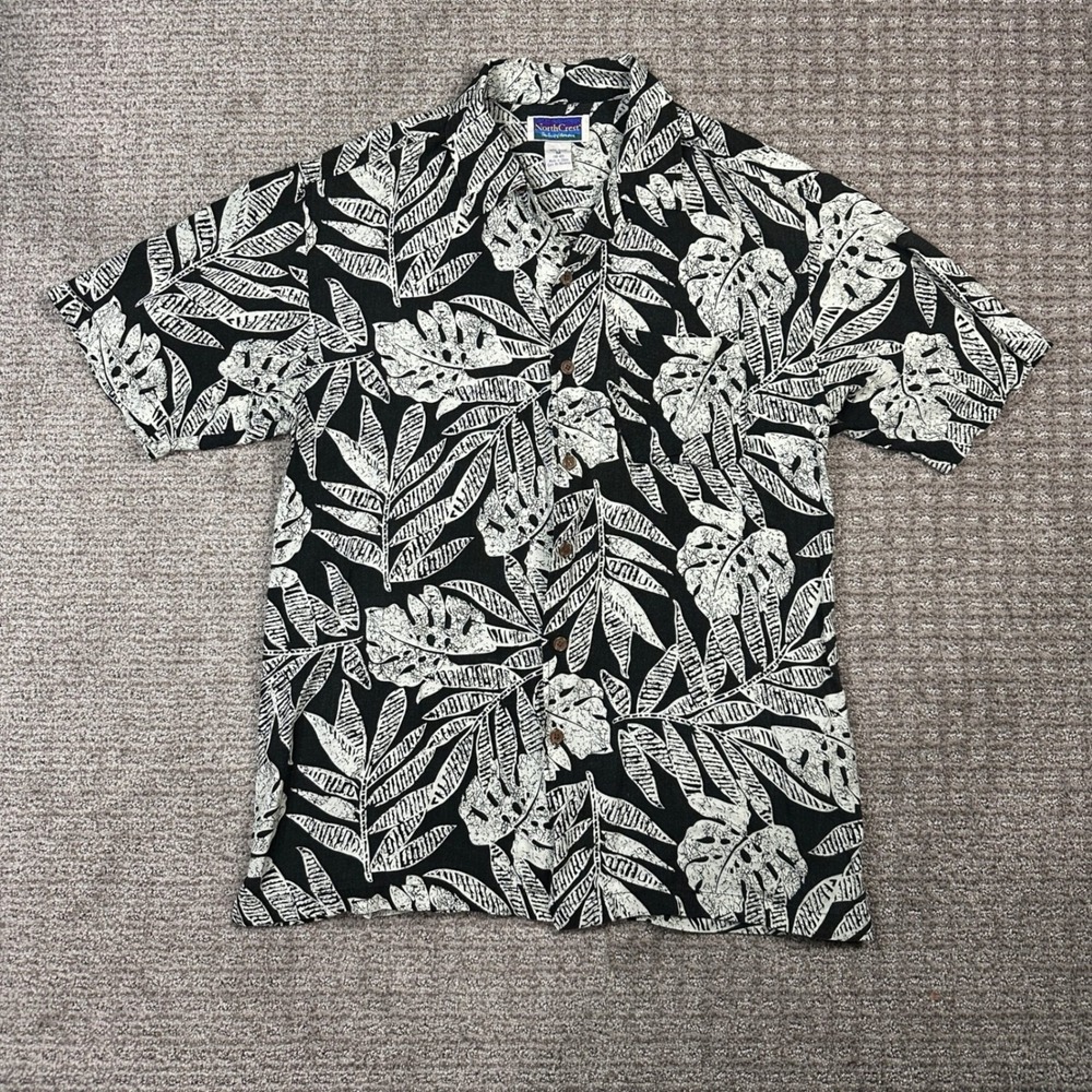NorthCrest Mens Medium Black White Tropical Monstera Leaf Rayon Hawaiian Shirt